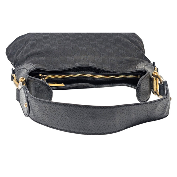 Gucci Creole Hobo Bag Black GG Monogram Canvas Leather Trim Gold Shoulder Tote - Picture 7 of 12